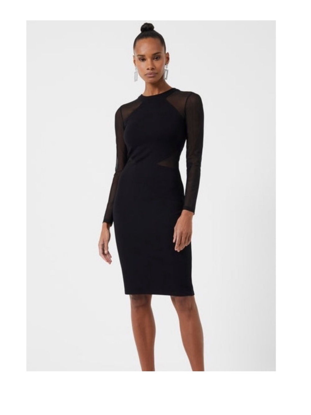 French Connection Black Mesh-Inset Long-Sleeve Midi Dress